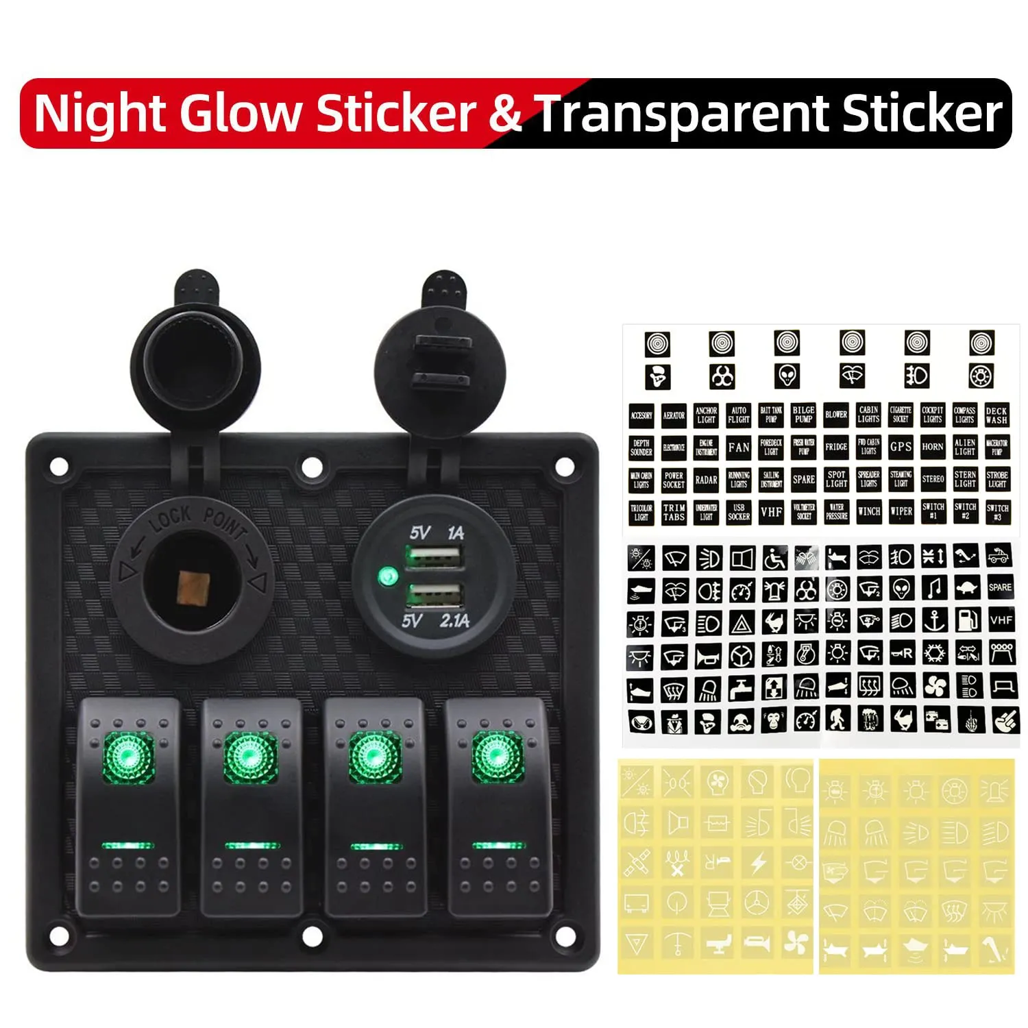 FXC Waterproof Marine Boat Rocker Switch Panel 4 Gang with Dual USB Slot Socket   Cigarette Lighter LED Light for Car Rv Vehicles Truck (4 Gang Green Light)