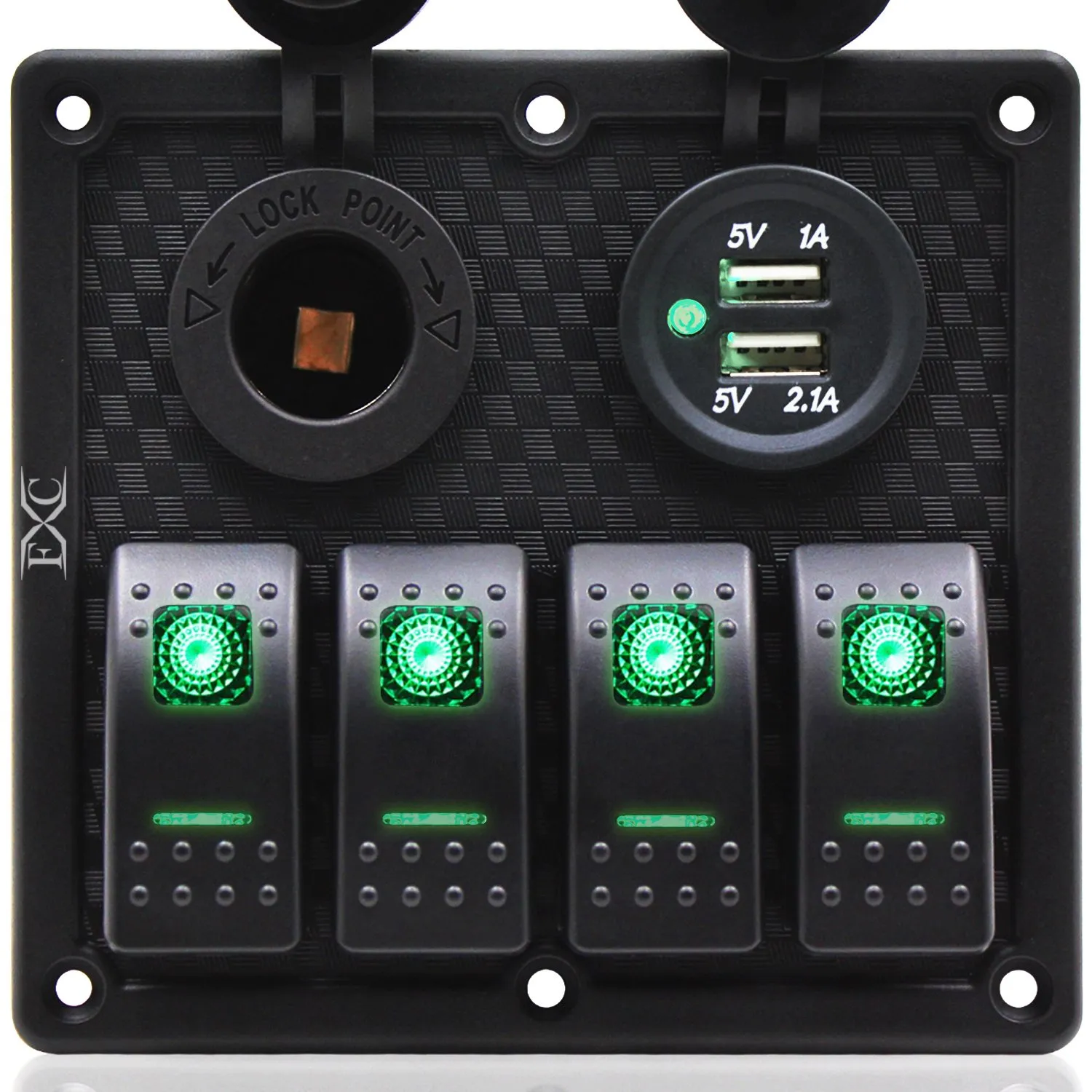 FXC Waterproof Marine Boat Rocker Switch Panel 4 Gang with Dual USB Slot Socket   Cigarette Lighter LED Light for Car Rv Vehicles Truck (4 Gang Green Light)