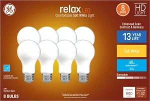 GE Relax 8-Pack 60 W Equivalent Dimmable Soft White A19 LED Light Fixture Light Bulbs