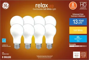 GE Relax 8-Pack 60 W Equivalent Dimmable Soft White A19 LED Light Fixture Light Bulbs