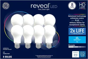 GE Reveal 8-Pack 60 W Equivalent Dimmable Color-Enhancing 2850K Warm White A19 LED Light Fixture Light Bulbs Fixture