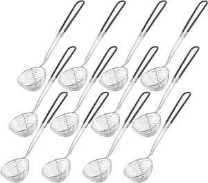 Geiserailie Stainless Steel Hot Pot Strainer Scoops, 2.5 Inch Mini Spider Strainer Skimmer, Pasta Mesh Strainer Spoon Asian Skimmer Spoon Ladle with Handle for Home(Black,12 Pieces)