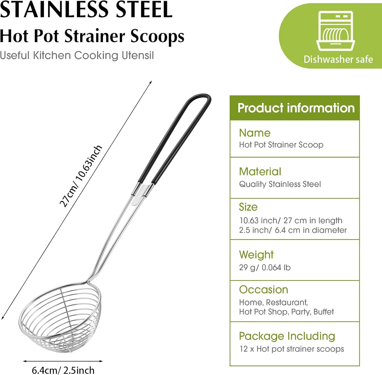 Geiserailie Stainless Steel Hot Pot Strainer Scoops, 2.5 Inch Mini Spider Strainer Skimmer, Pasta Mesh Strainer Spoon Asian Skimmer Spoon Ladle with Handle for Home(Black,12 Pieces)