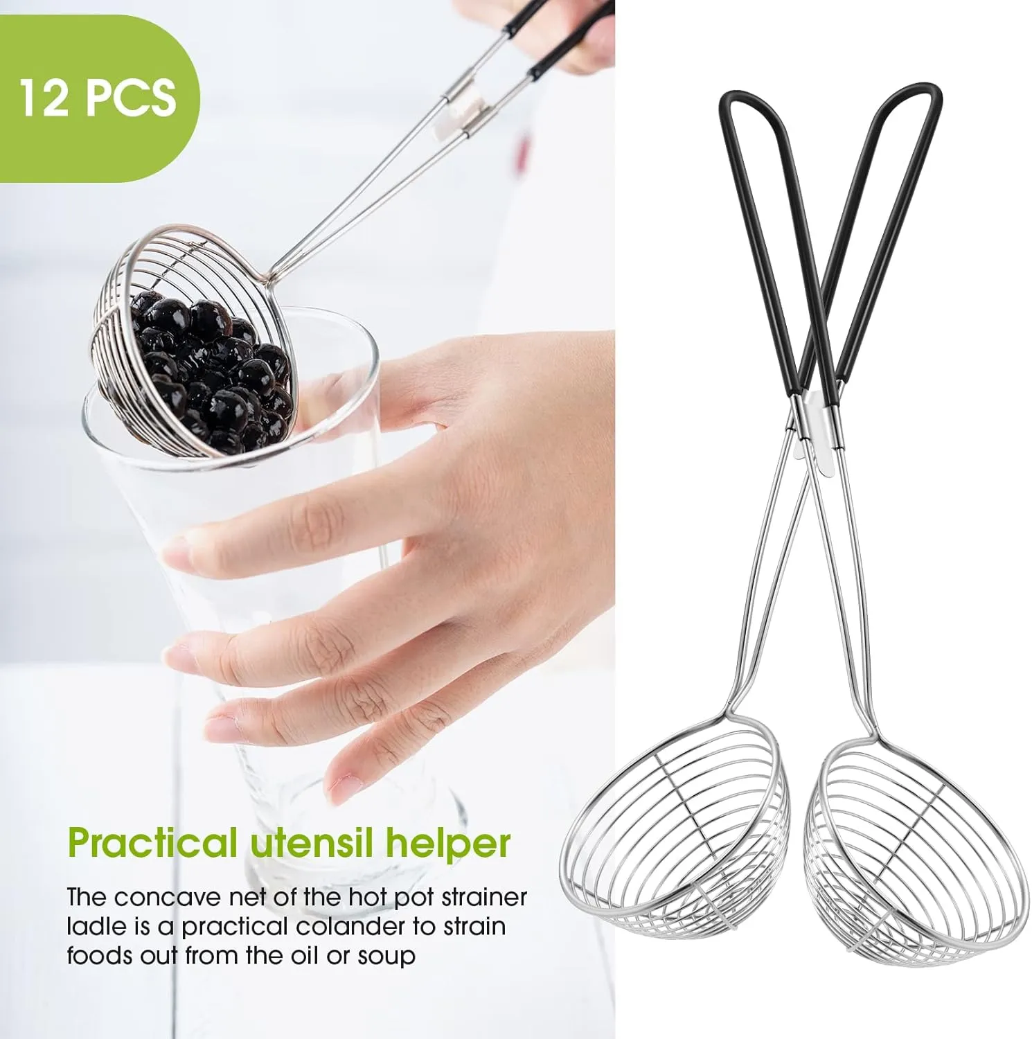 Geiserailie Stainless Steel Hot Pot Strainer Scoops, 2.5 Inch Mini Spider Strainer Skimmer, Pasta Mesh Strainer Spoon Asian Skimmer Spoon Ladle with Handle for Home(Black,12 Pieces)
