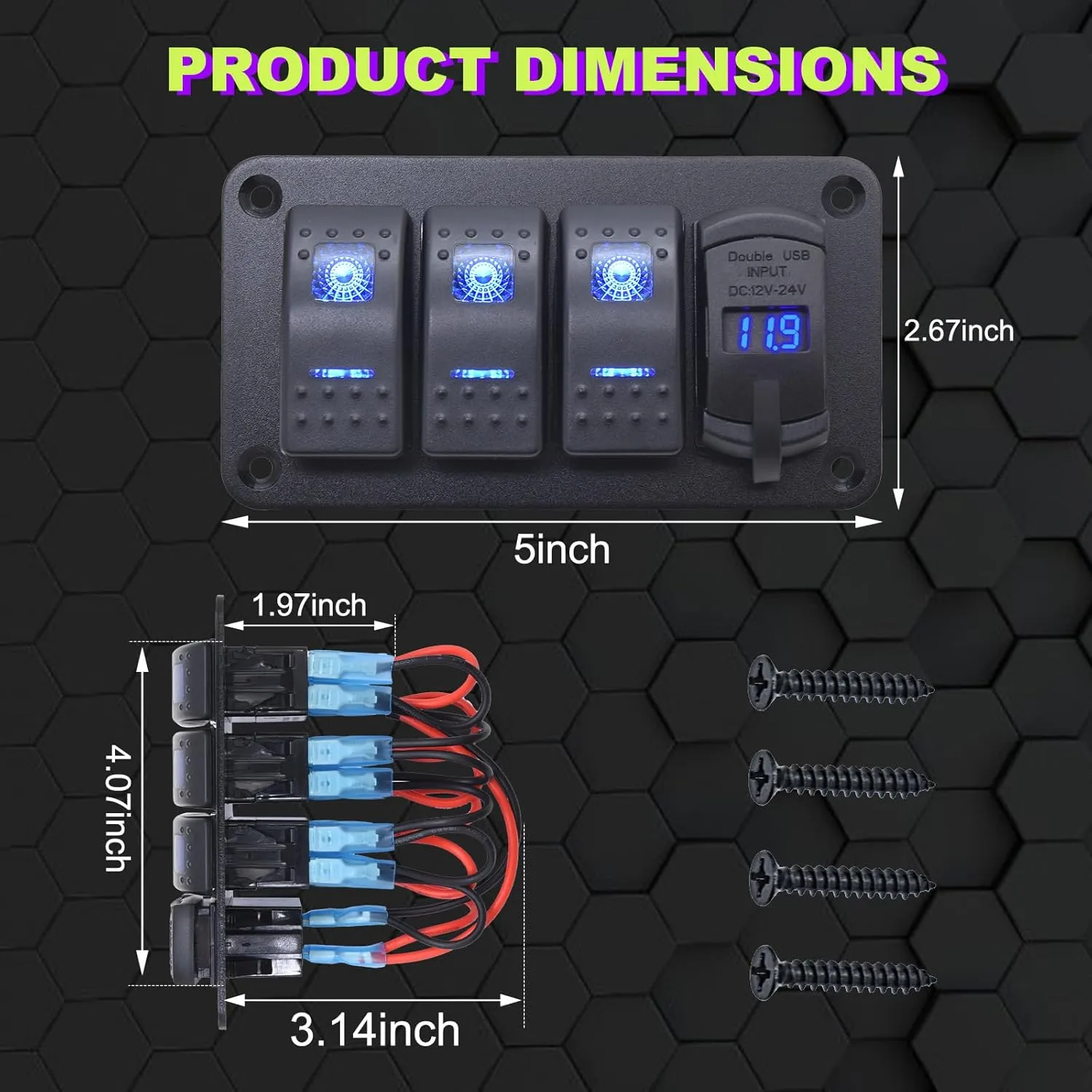 Geloo 3 Gang Rocker Switch Panel Boat Switch Panel Waterproof with 4.8A Dual USB Charger LED Voltmeter, 12V Marine Switch Panel Aluminum Panel for Car Boat Trucks RV(Blue)