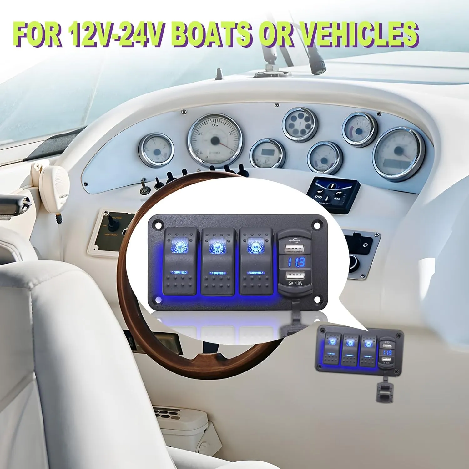 Geloo 3 Gang Rocker Switch Panel Boat Switch Panel Waterproof with 4.8A Dual USB Charger LED Voltmeter, 12V Marine Switch Panel Aluminum Panel for Car Boat Trucks RV(Blue)