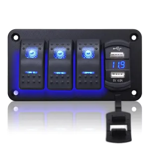 Geloo 3 Gang Rocker Switch Panel Boat Switch Panel Waterproof with 4.8A Dual USB Charger LED Voltmeter, 12V Marine Switch Panel Aluminum Panel for Car Boat Trucks RV(Blue)