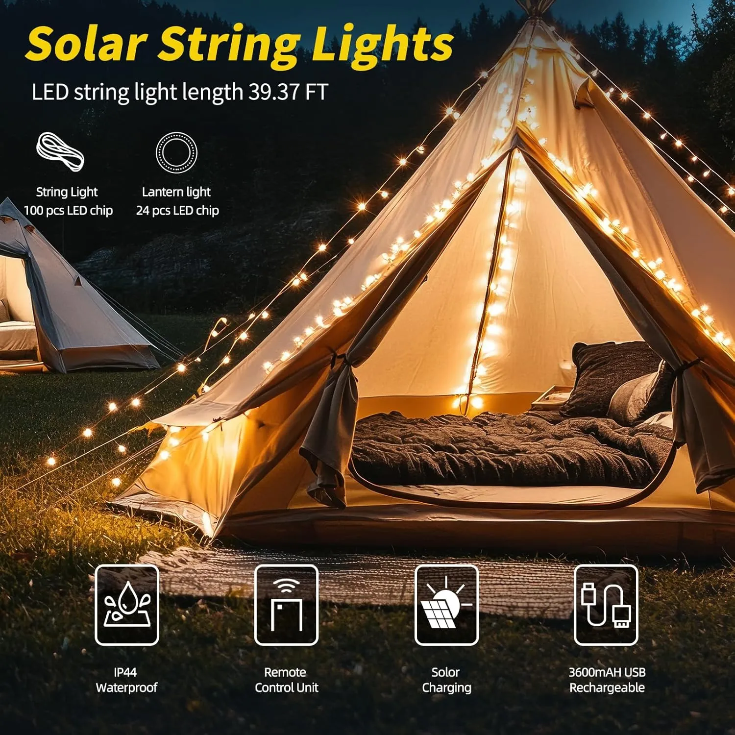 GHORA Solar Camping String Lights, 2 in 1 Solar Rechargeable Portable Outdoor LED String Lights with Remote Control, 39.4 Feet Extra,Yard Tent Hanging Waterproof