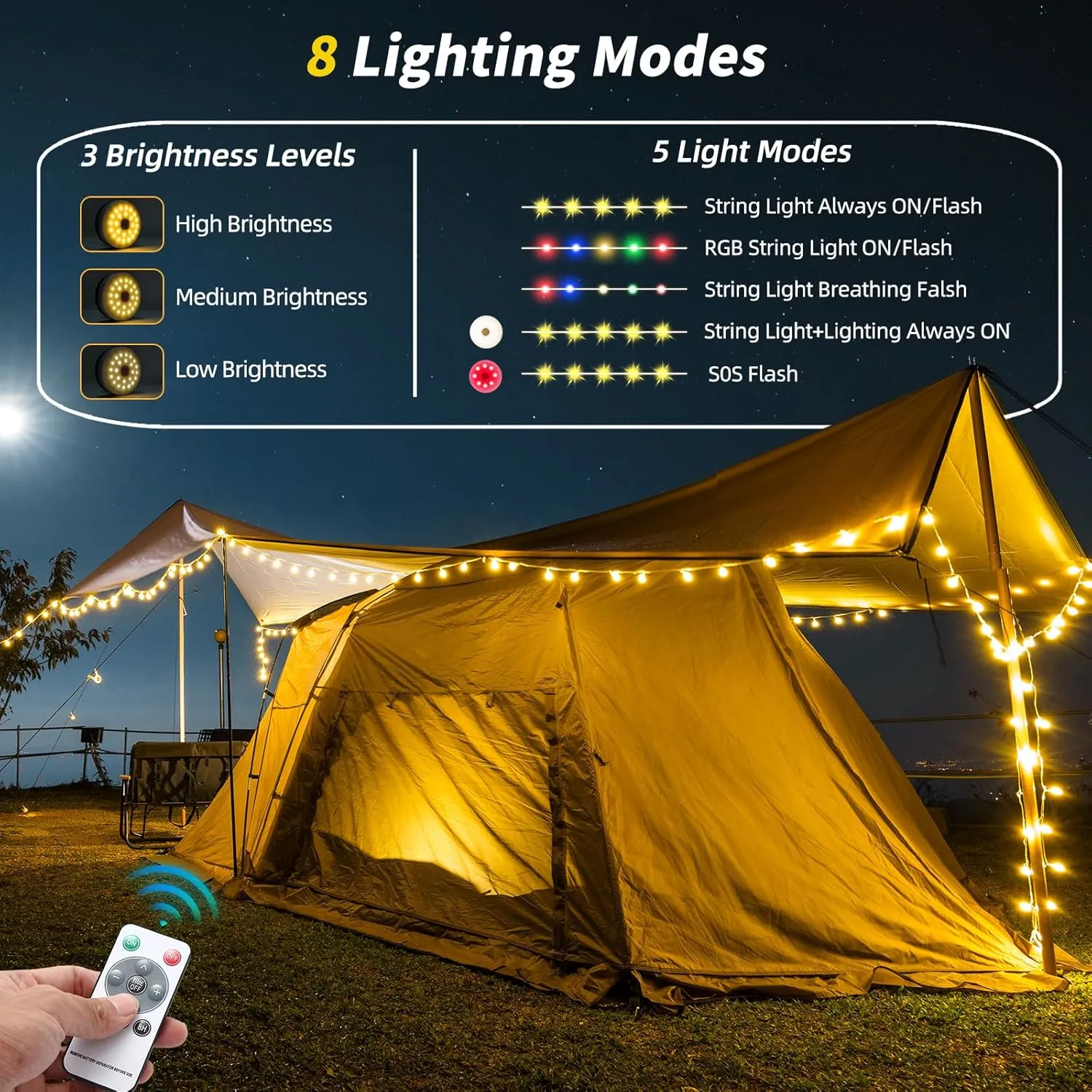 GHORA Solar Camping String Lights, 2 in 1 Solar Rechargeable Portable Outdoor LED String Lights with Remote Control, 39.4 Feet Extra,Yard Tent Hanging Waterproof
