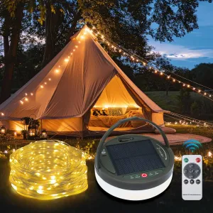 GHORA Solar Camping String Lights, 2 in 1 Solar Rechargeable Portable Outdoor LED String Lights with Remote Control, 39.4 Feet Extra,Yard Tent Hanging Waterproof