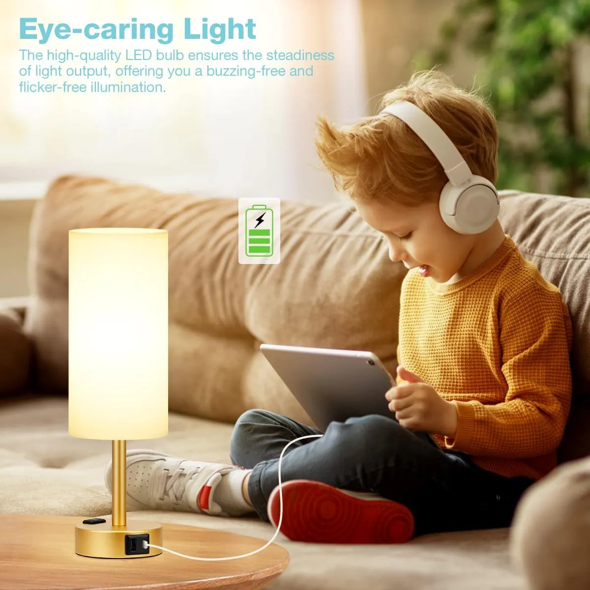 Gold Touch Lamp for Bedroom- 3 Way Dimmable Bedside Lamp USB C A Charging Ports and AC Outlet, Small Table Lamp White Linen Lampshade for Gift, LED Bulb Included