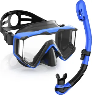 Greatever Snorkel Set Pano 3 Window Snorkel Mask Adult, Panoramic Wide View, Anti-Fog Scuba Diving Mask, Anti-Leak Snorkel Goggles Dry Top Snorkel, Professional Snorkeling Gear for Adults