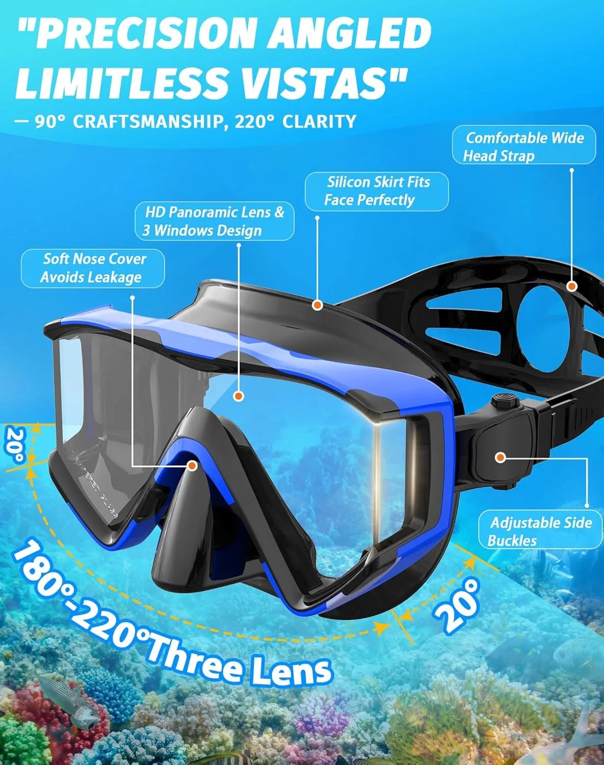 Greatever Snorkel Set Pano 3 Window Snorkel Mask Adult, Panoramic Wide View, Anti-Fog Scuba Diving Mask, Anti-Leak Snorkel Goggles Dry Top Snorkel, Professional Snorkeling Gear for Adults