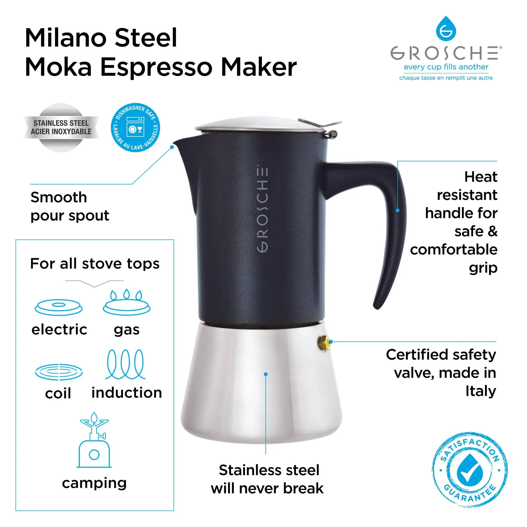 GROSCHE MILANO Steel Stovetop Espresso Maker - Black: 6 cup/9.3 oz