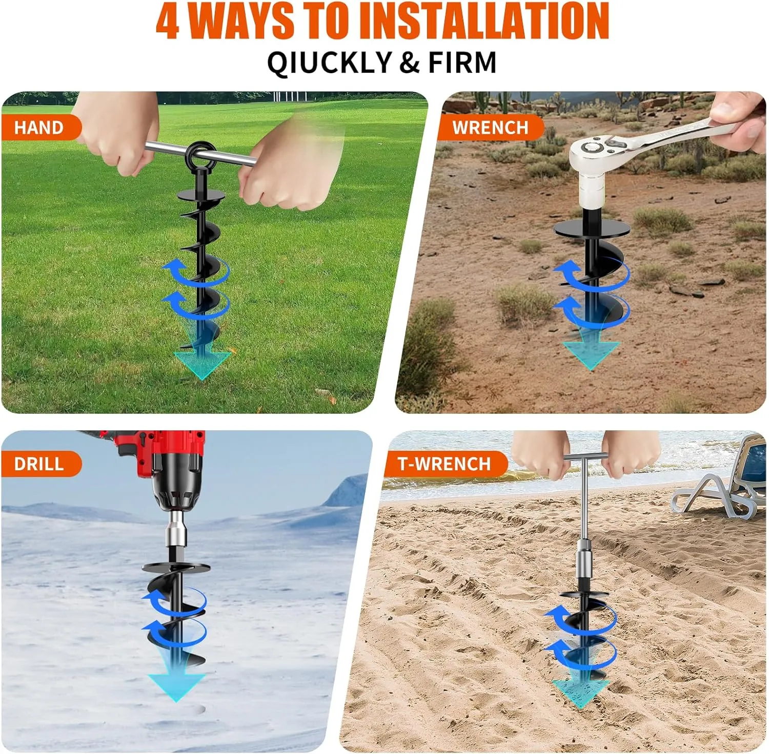 Ground Anchor Screw in, 8 Pack Spiral Trampoline Anchors with Nut and Tool Swing Set Anchors Tent Stakes High Wind Heavy Duty for Sheds, Carports, Mobile Home Black