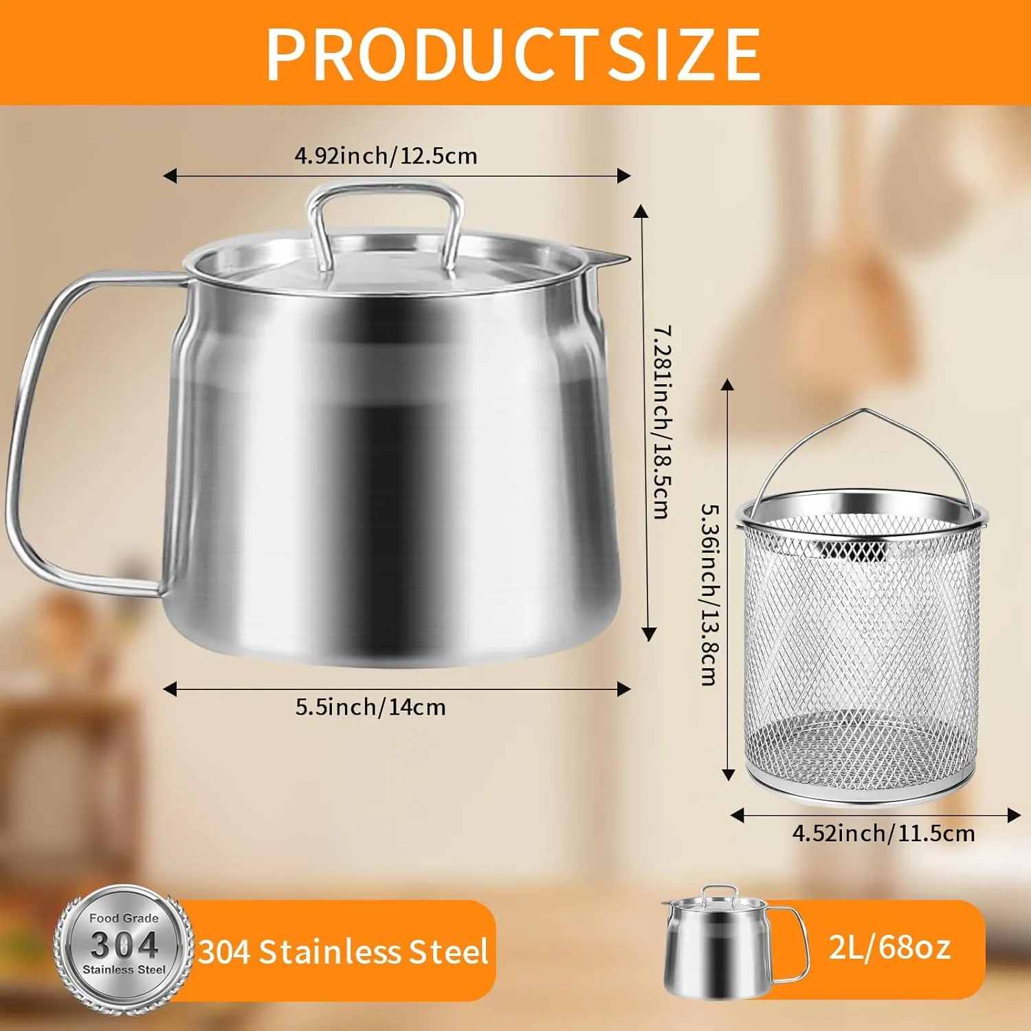 GWY 2L/68oz 304 Stainless Steel Oil Filter Pot with Strainer Large Capacity - Versatile Oil Filtration for Deep Frying, Boiling, and Simmering Ideal for Home and Camping Use