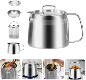 GWY 2L/68oz 304 Stainless Steel Oil Filter Pot with Strainer Large Capacity - Versatile Oil Filtration for Deep Frying, Boiling, and Simmering Ideal for Home and Camping Use