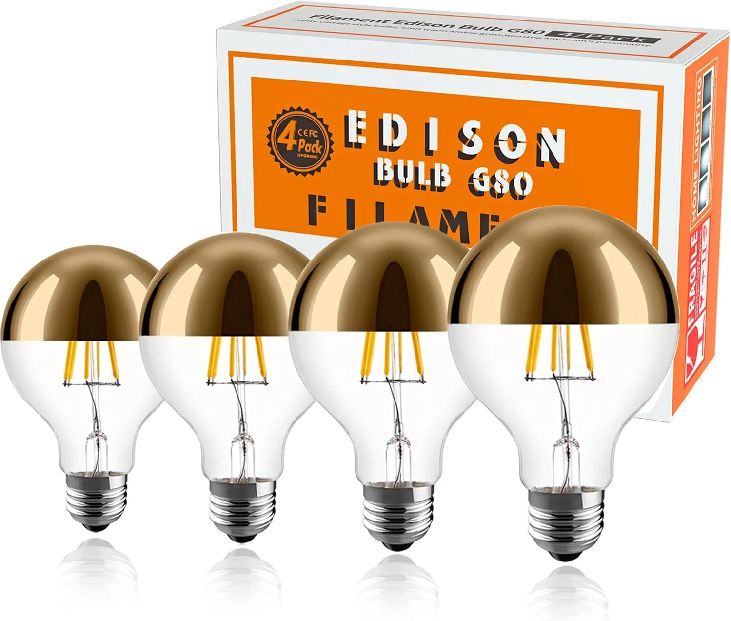 Half Chrome Light Bulb,6W (60W Equivalent) Dimmable LED Edison Bulb,G80/G25 Globe Shape Decorative LED Bulbs,Half Gold Reflected Light 2700K Soft White E26 Base Pack of 4