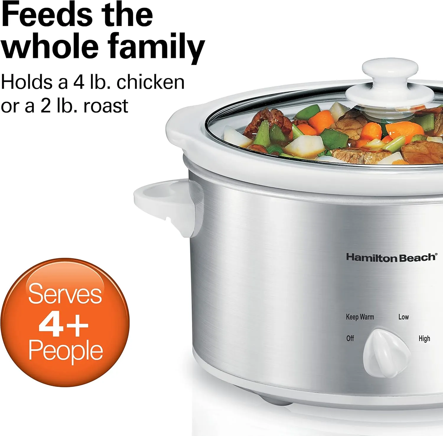 Hamilton Beach 4-Quart Slow Cooker with 3 Cooking Settings, Dishwasher-Safe Stoneware Crock & Glass Lid, Stainless Steel (33140G)