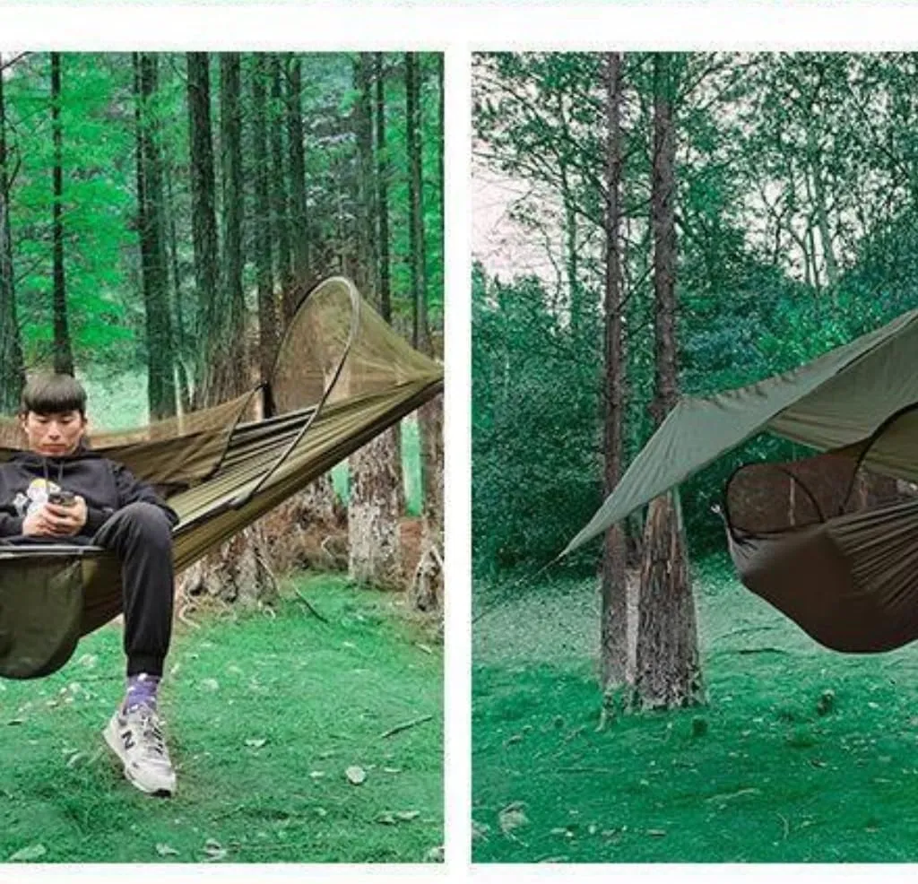 Hammocks Automatic Quick-Opening Mosquito Net Hammock Canopy Set Canopy Parachute Cloth Pole Mosquito Net Hammock Camping Hammocks(A)