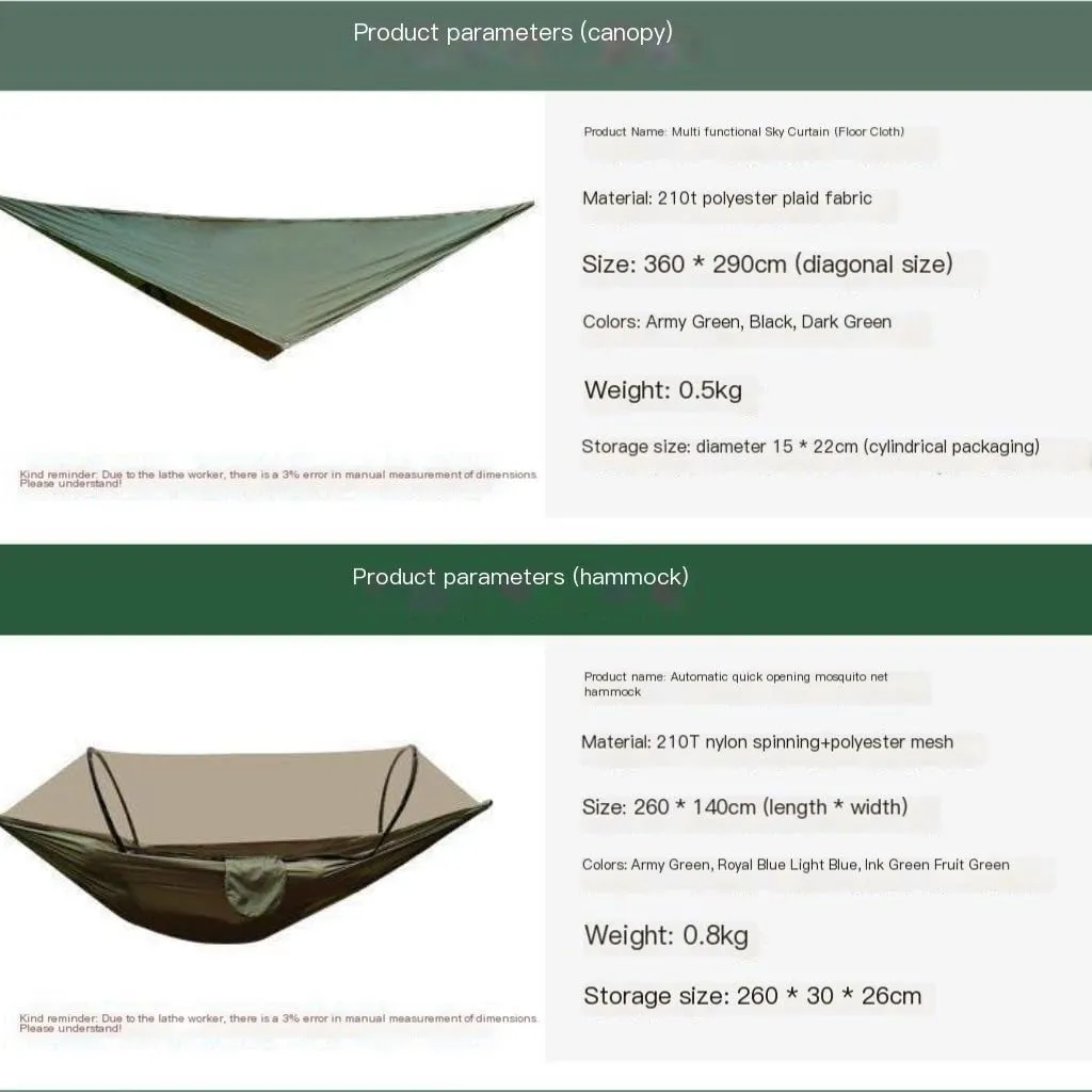 Hammocks Automatic Quick-Opening Mosquito Net Hammock Canopy Set Canopy Parachute Cloth Pole Mosquito Net Hammock Camping Hammocks(A)