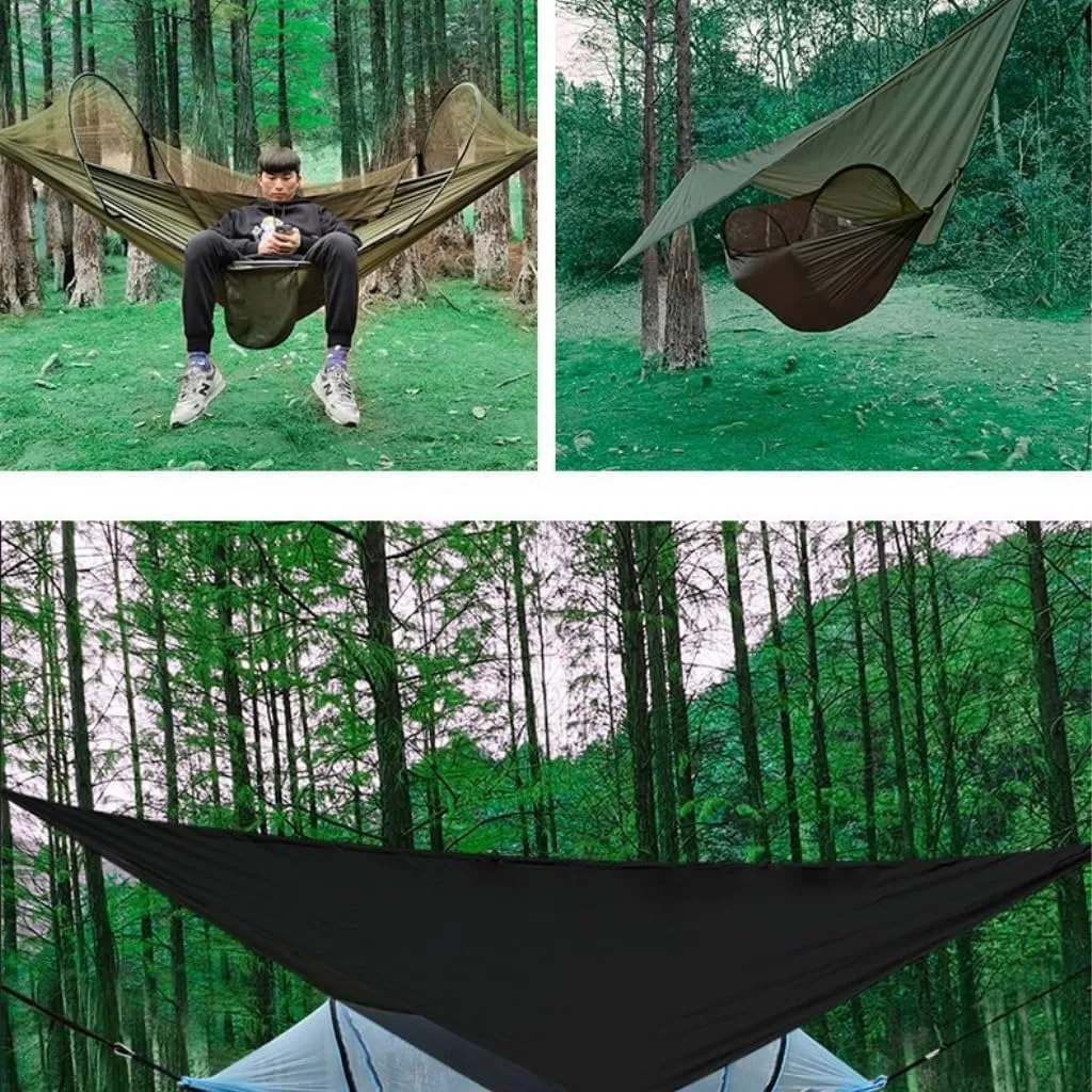 Hammocks Outdoor Automatic Quick-Opening Mosquito Net Hammock Canopy Parachute Cloth Pole Mosquito Net Hammock Camping Hammocks(Black)