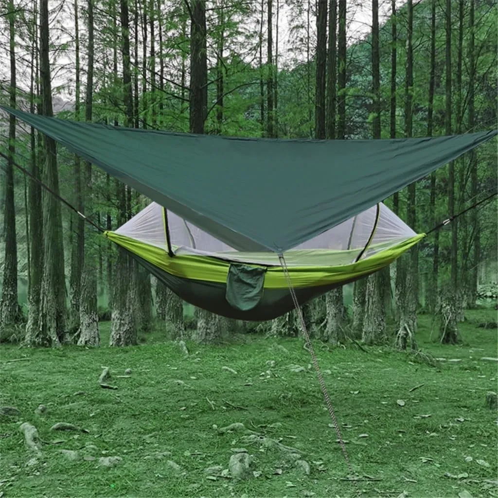 Hammocks Outdoor Automatic Quick-Opening Mosquito Net Hammock Canopy Parachute Cloth Pole Mosquito Net Hammock Camping Hammocks(Black)