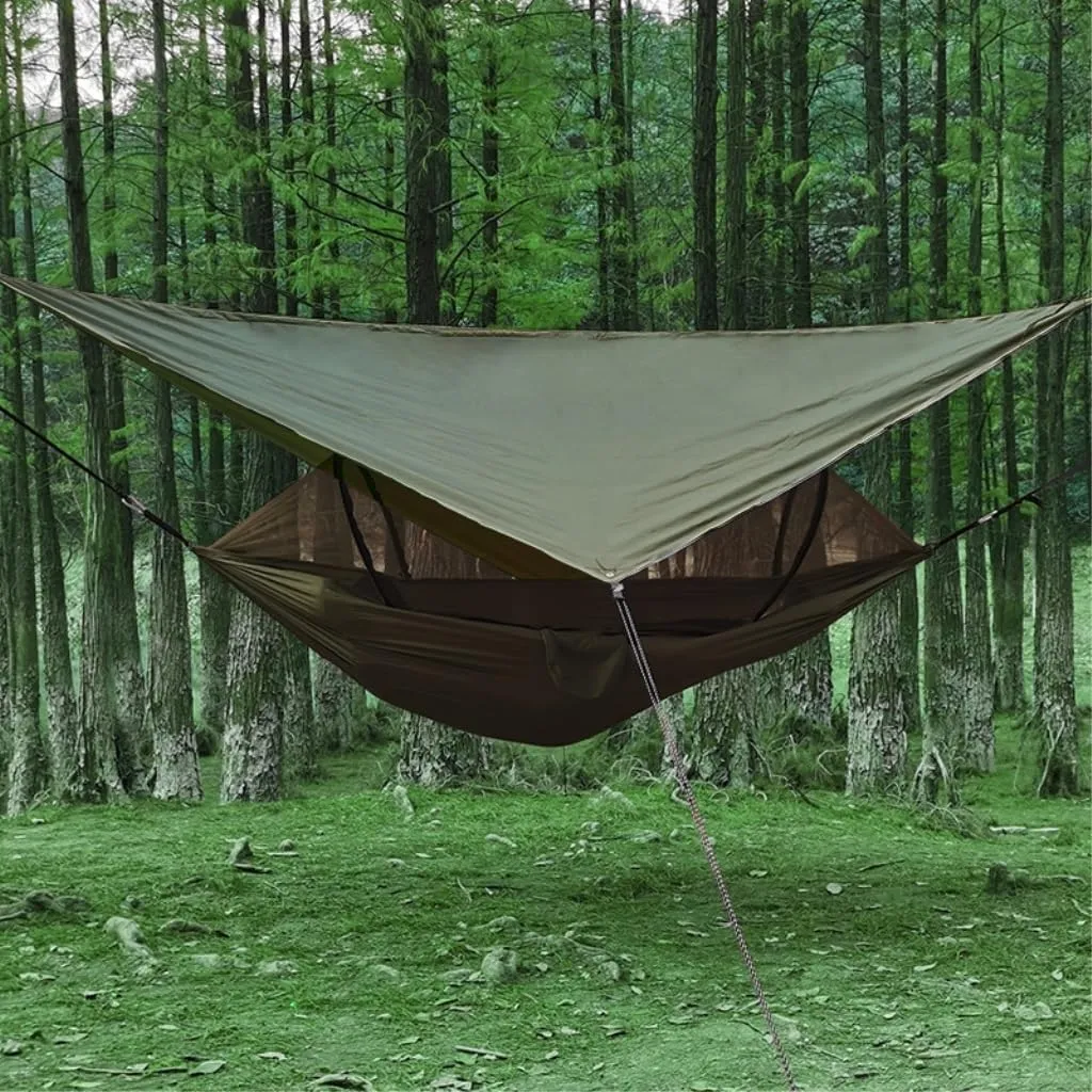Hammocks Outdoor Automatic Quick-Opening Mosquito Net Hammock Canopy Parachute Cloth Pole Mosquito Net Hammock Camping Hammocks(Black)