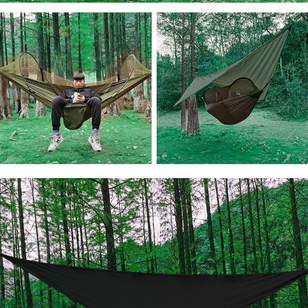 Hammocks Outdoor Automatic Quick-Opening Mosquito Net Hammock Canopy Parachute Cloth Pole Mosquito Net Hammock Camping Hammocks(Black)