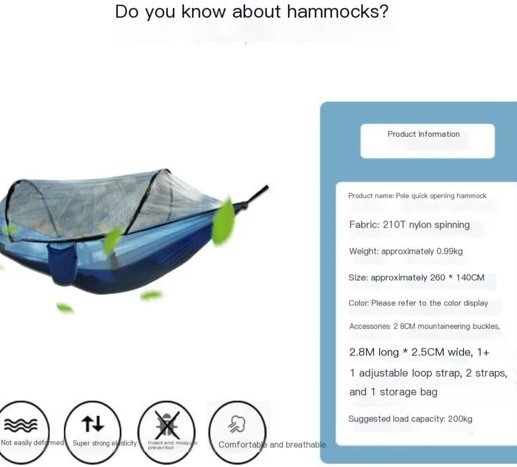 Hammocks Outdoor Fully Automatic Quick-Opening Hammock with Mosquito Net, Outdoor Nylon Cloth Camping Pole Hammock Camping Hammocks(Blue)