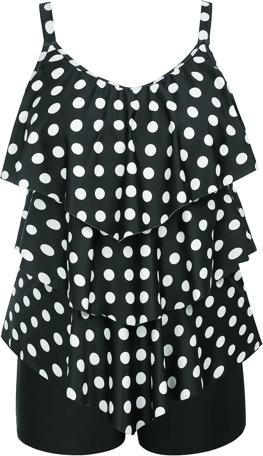 Hanna Nikole Womens Plus Size Two Piece Tankini Swimsuits 3-Tiered Ruffle Flounce Top with High Waisted Bottom