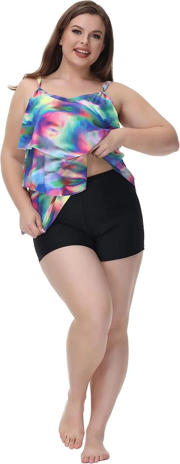 Hanna Nikole Womens Plus Size Two Piece Tankini Swimsuits 3-Tiered Ruffle Flounce Top with High Waisted Bottom
