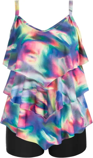 Hanna Nikole Womens Plus Size Two Piece Tankini Swimsuits 3-Tiered Ruffle Flounce Top with High Waisted Bottom