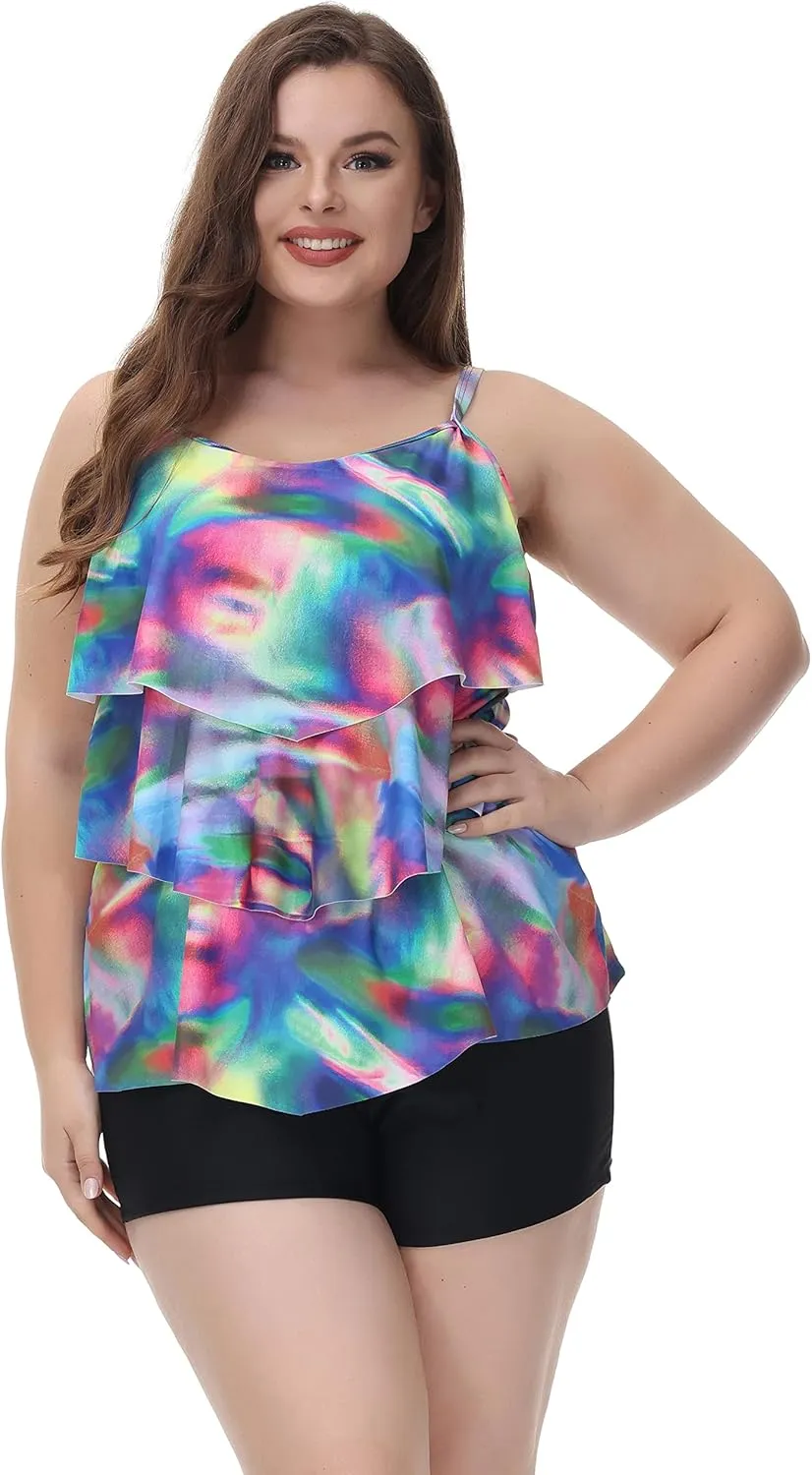 Hanna Nikole Womens Plus Size Two Piece Tankini Swimsuits 3-Tiered Ruffle Flounce Top with High Waisted Bottom