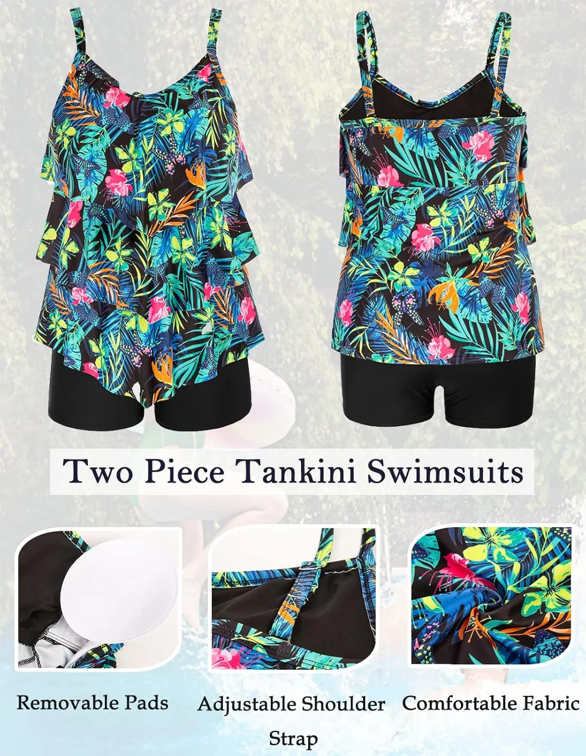 Hanna Nikole Womens Plus Size Two Piece Tankini Swimsuits 3-Tiered Ruffle Flounce Top with High Waisted Bottom