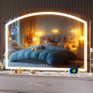 Hasipu Arch Vanity Mirror with Light, 48" x 32" Arched Led Makeup Mirror with 10X Magnification, Lighted Makeup Mirror Desktop with USB Charging Port, Dimmable 3 Colors Mode