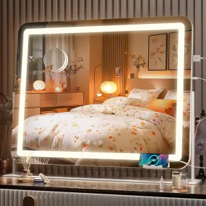 Hasipu Vanity Mirror with Lights, 25" x 21" LED Makeup Mirror, Light up Mirror with 10X Magnification and Phone Holder, USB Charging Port, Smart Touch 3 Colors Dimmable (White)