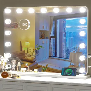 Hasipu Vanity Mirror with Lights, 31.5" x 23.6" Hollywood Mirror, Makeup Mirror with 17 Dimmable Bulbs and 10X Magnification, 3 Colors Modes, Touch Control, USB Charging Port, Type-C, White