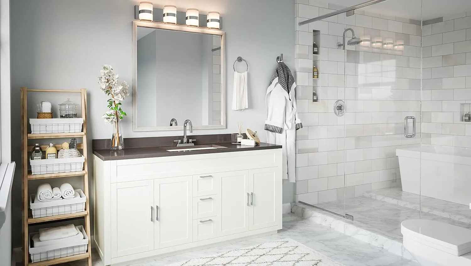 Haswell Integrated LED 4-Light Indoor Bathroom Vanity Light Frosted Glass for Over The Mirror, Polished Chrome – Design House, 577791