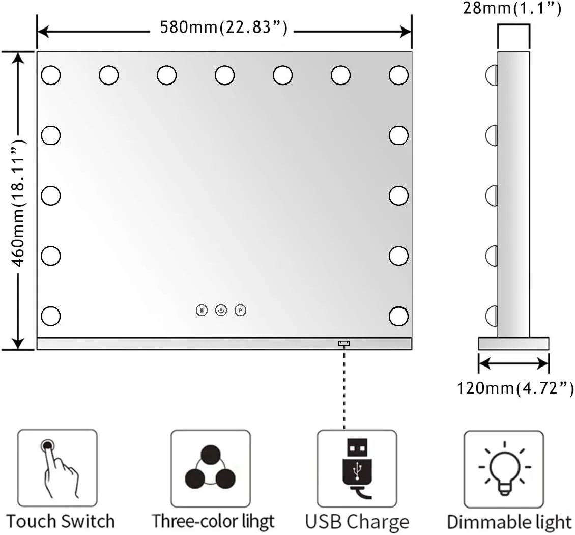 Hollywood Vanity Mirror with 15 Lights - Dimmable 3 Color LED, USB Magnifier, Light up Makeup Mirror for Bedroom