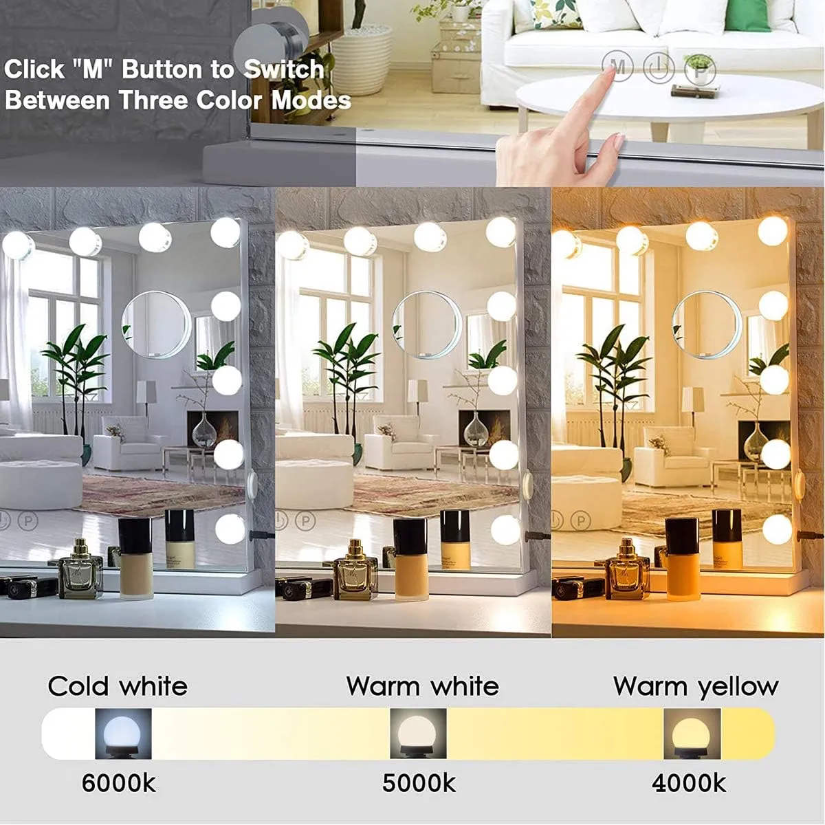 Hollywood Vanity Mirror with 15 Lights - Dimmable 3 Color LED, USB Magnifier, Light up Makeup Mirror for Bedroom