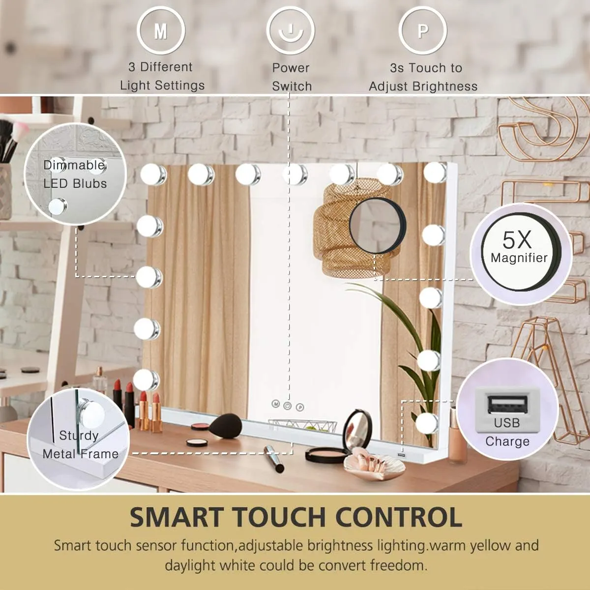 Hollywood Vanity Mirror with 15 Lights - Dimmable 3 Color LED, USB Magnifier, Light up Makeup Mirror for Bedroom