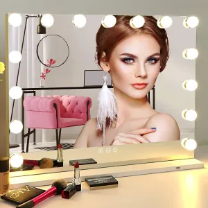 Hollywood Vanity Mirror with 15 Lights - Dimmable 3 Color LED, USB Magnifier, Light up Makeup Mirror for Bedroom