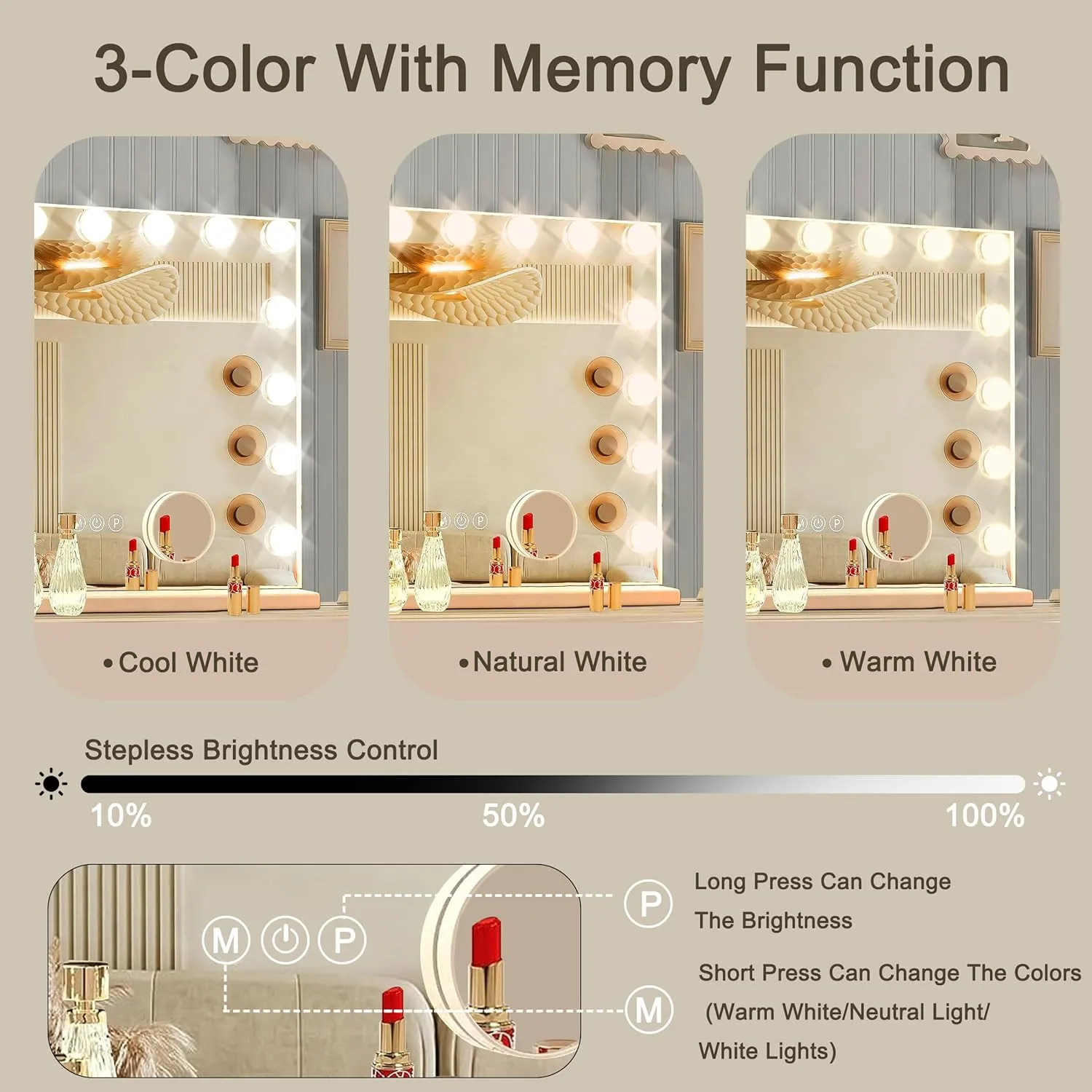 Hollywood Vanity Mirror with Lights, 15 Dimmable Bulbs，3 Color Lights，Make Up Lighted Mirror, Aluminum Metal Frame,USB Charging Port（23" x 18"）