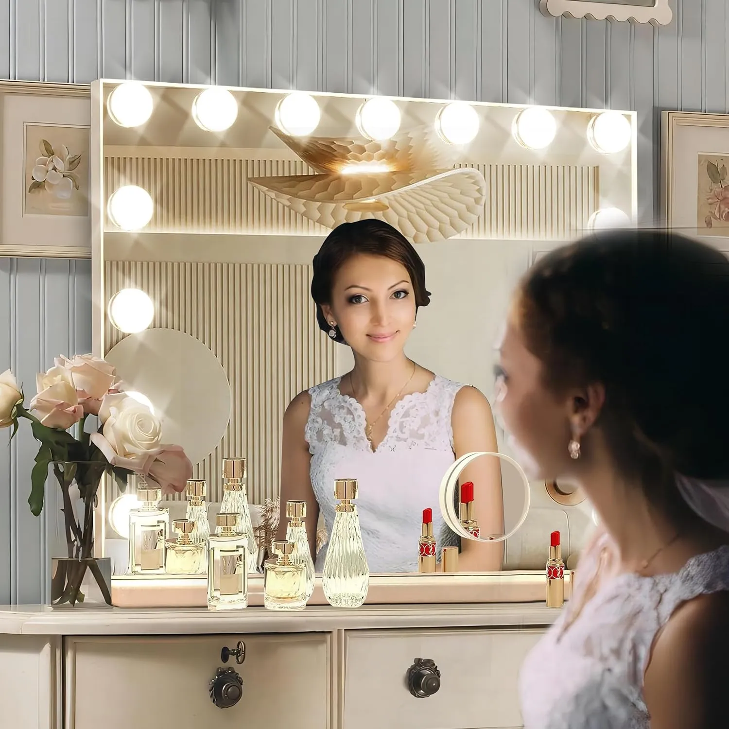 Hollywood Vanity Mirror with Lights, 15 Dimmable Bulbs，3 Color Lights，Make Up Lighted Mirror, Aluminum Metal Frame,USB Charging Port（23" x 18"）