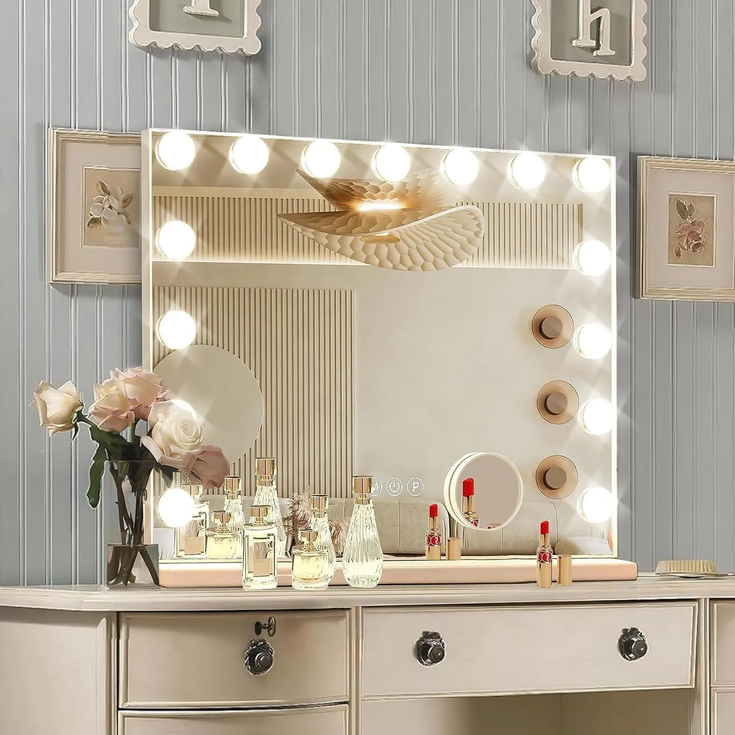 Hollywood Vanity Mirror with Lights, 15 Dimmable Bulbs，3 Color Lights，Make Up Lighted Mirror, Aluminum Metal Frame,USB Charging Port（23" x 18"）