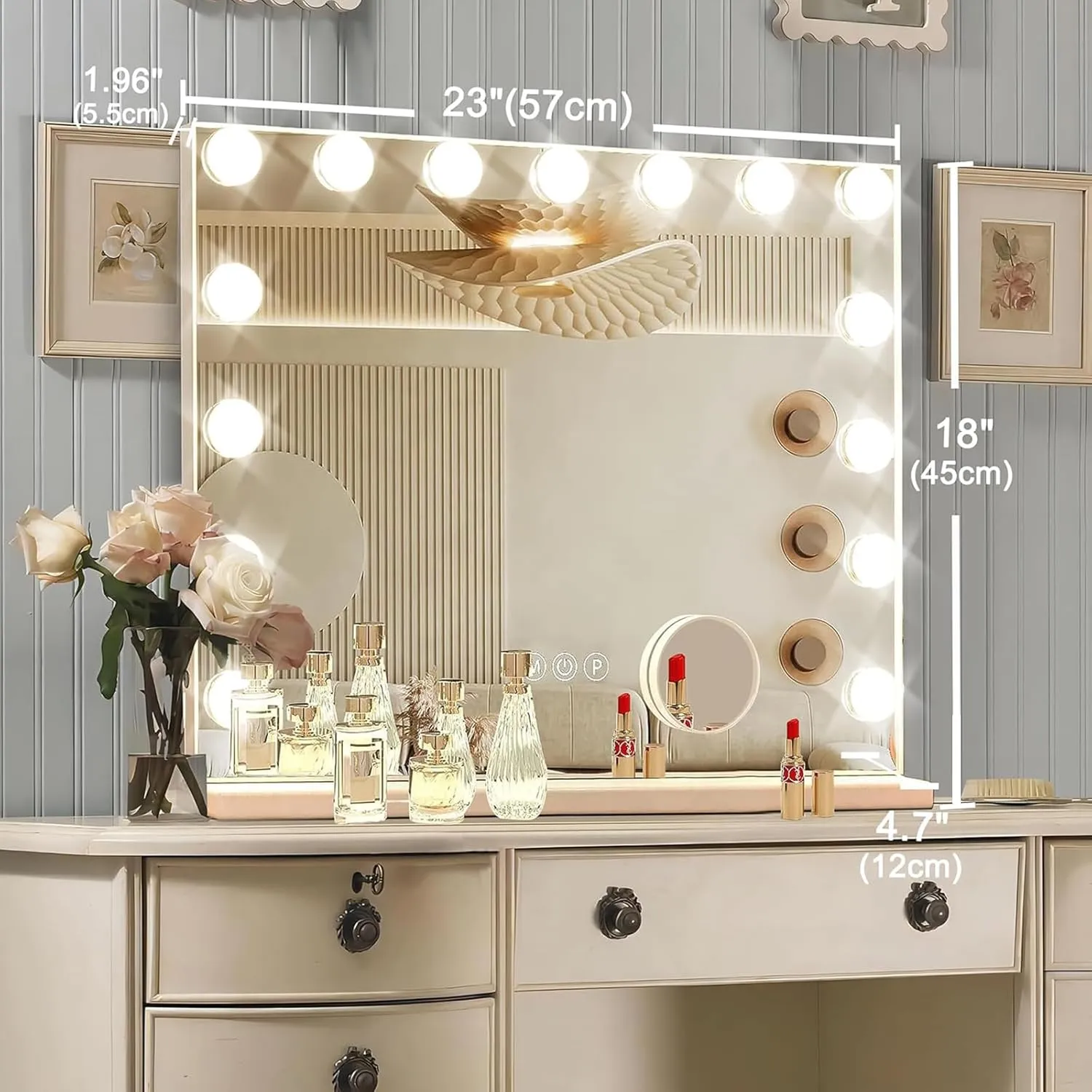 Hollywood Vanity Mirror with Lights, 15 Dimmable Bulbs，3 Color Lights，Make Up Lighted Mirror, Aluminum Metal Frame,USB Charging Port（23" x 18"）