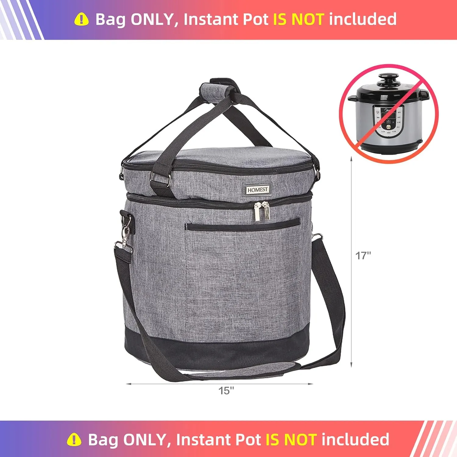 HOMEST 2 Compartments Carry Bag for 8 Quart Instant Pot, Pressure Cooker Travel Tote Have Accessory Pockets for Spoon, Measuring Cup, Steam Rack, Insulated Carrier with Easy to Clean Lining, Grey