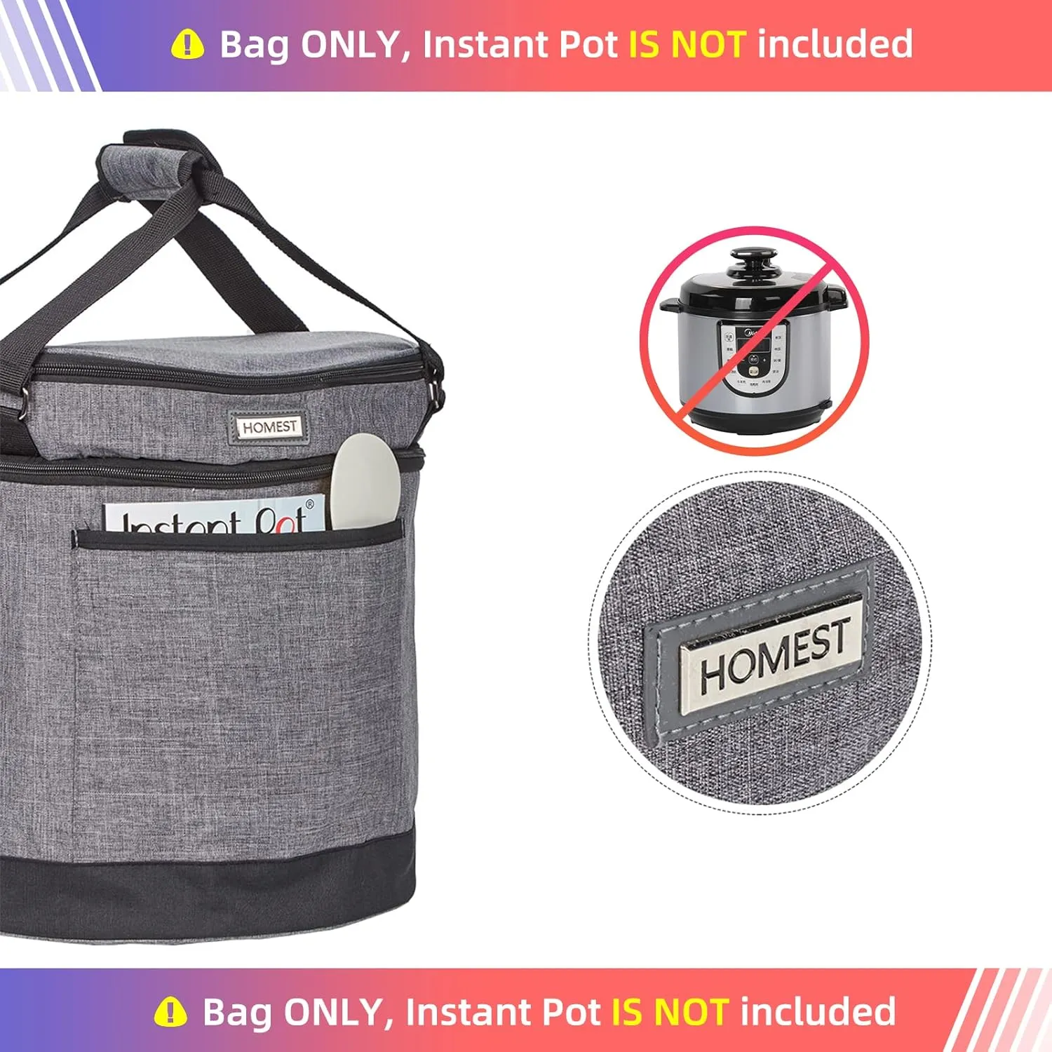 HOMEST 2 Compartments Carry Bag for 8 Quart Instant Pot, Pressure Cooker Travel Tote Have Accessory Pockets for Spoon, Measuring Cup, Steam Rack, Insulated Carrier with Easy to Clean Lining, Grey