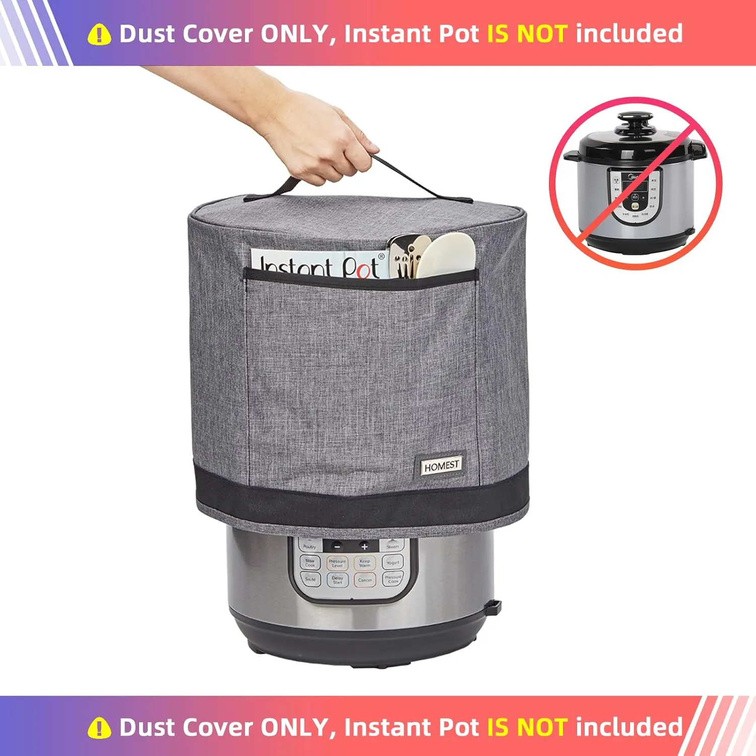 HOMEST Dust Cover with Pockets for Instant Pot 8 Quart, Insulated Pressure Cooker Case with Easy to Clean Lining, Grey
